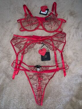 Honey Birdette “Adora” Heart-Embroidered Red Lace Bra, Garter & Thong Set
